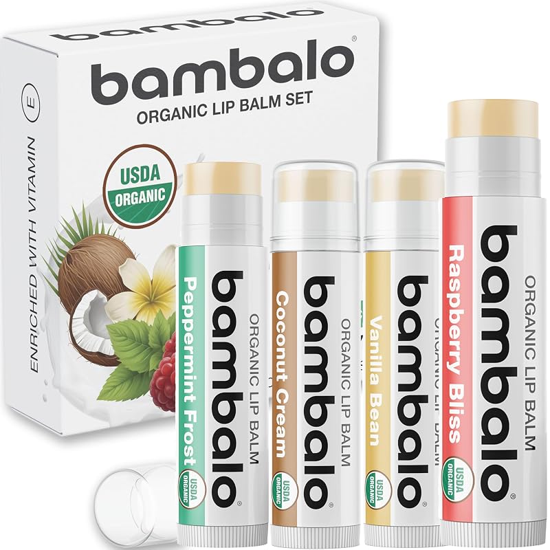 Bálsamos labiais Bambalo com cera de abelha, óleo de coco e vitamina E, sabores variados, pacote com 4