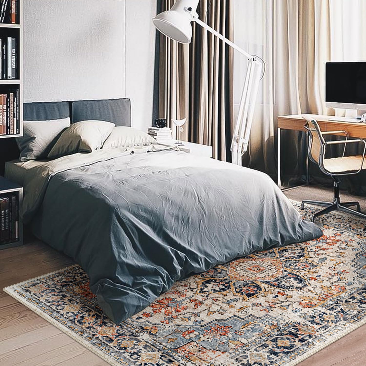 Area Rugs Washable Non-Slip, Floral Vintage Distress Print Pattern Medallion Carpet for Living Room Bedroom Dining Room, Beige Navy Blue Orange Colorful (Blue, 5' x 7')