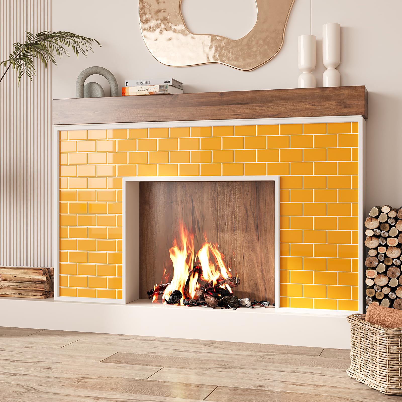 VEELIKE Azulejos Adhesivos Cocina Amarillo Brillante Rectangulares 3D Baldosas Adhesivas Pared Baño Vinilo Cocina Pared Azulejos Adhesivos Pegatinas de Baldosas Lavanderías 30.5cm×30.5cm 12 Piezas