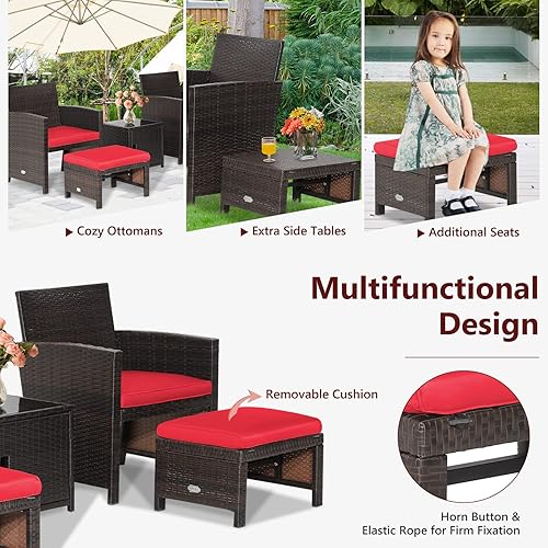 Miniatura 8 de COSTWAY Juego de muebles de ratán para patio, 5 piezas, silla otomana acolchada con cubierta que ahorra espacio, color rojo