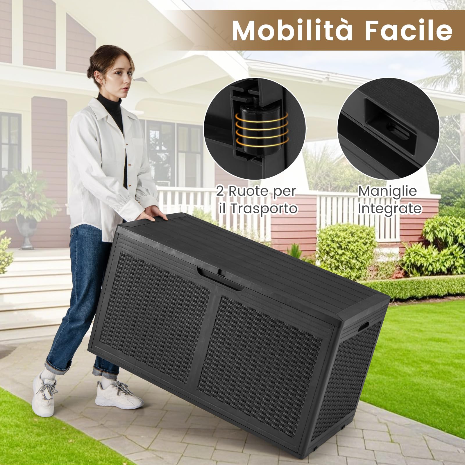 COSTWAY Baule da Esterno 380 L, Cassapanca Contenitore Impermeabile in Effetto Rattan con Coperchio Bloccabile e Ruote, Baule Salvaspazio per Mantenere Cuscini e Attrezzi da Interno e Esterno (Nero)