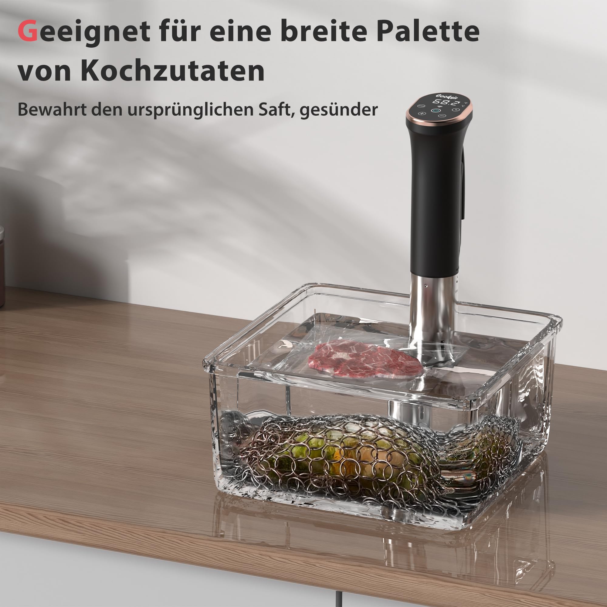 Sous Vide Garer Stick, 1400W, Wi-Fi APP & Touch-Bedienung, Sous Vide mit Edelstahlgehäuse, 360° Zirkulation, Temperatureinstellung 10-90°C, Timer für 1-99 Mins, Kochbuch, IPX7 Wasserdicht