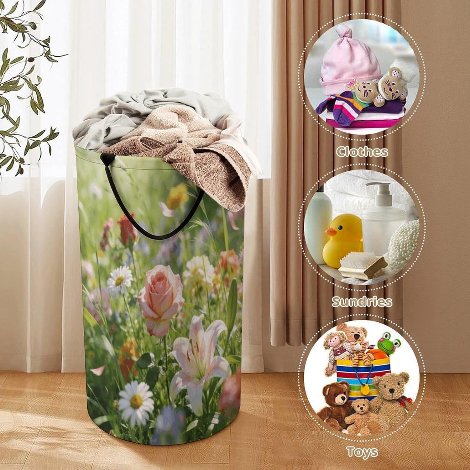 Flowers Grass Laundry Hamper 86L Waterproof Collapsible Clothes Basket with Double Handles Freestanding Foldable Laundry Basket Large Clothes Hamper for Bathroom