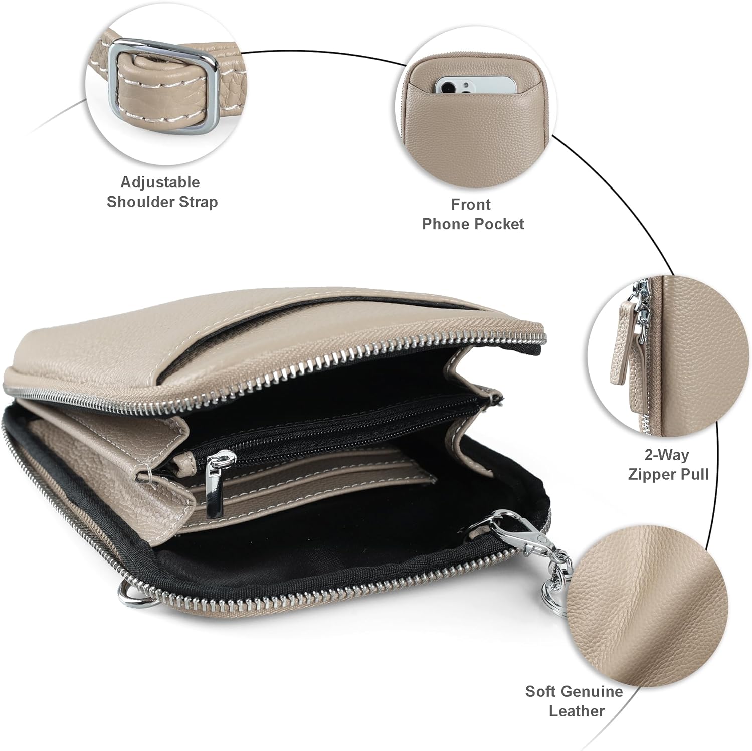 befen Genuine Leather Crossbody Cell Phone Purse for Women, Small Zip Around RFID Blocking Crossbody Wallet Bags - Image 5