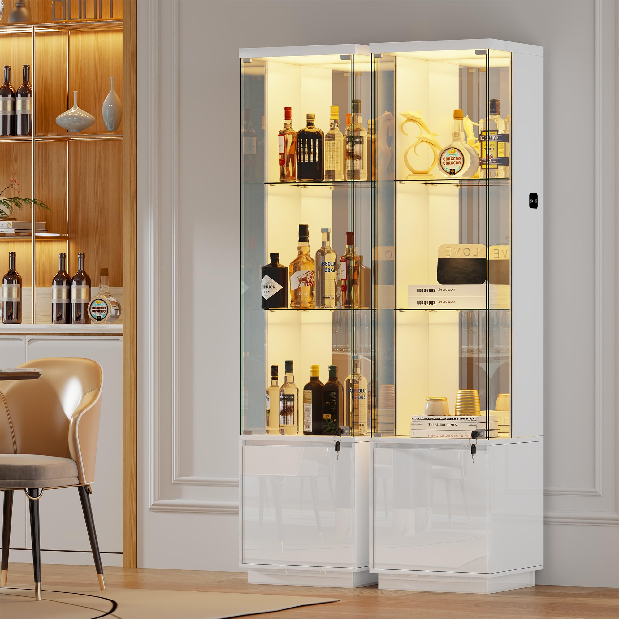 Gurexl Vitrine mit LED-Beleuchtung und Cabinet,Glasvitrine mit Körpersensor-System und Abschließbare Glastüren,Hochglanzfront Eckvitrine W400xD380xH1650mm,für Wohnzimmer, Büro, Bücher,Weiß