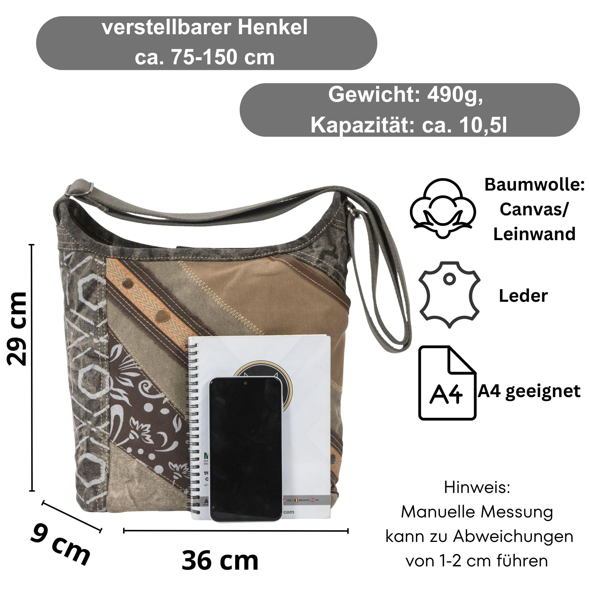 Sunsa Damen Hobo Tasche. Patchwork Umhängetasche aus Canvas & Leder Khaki