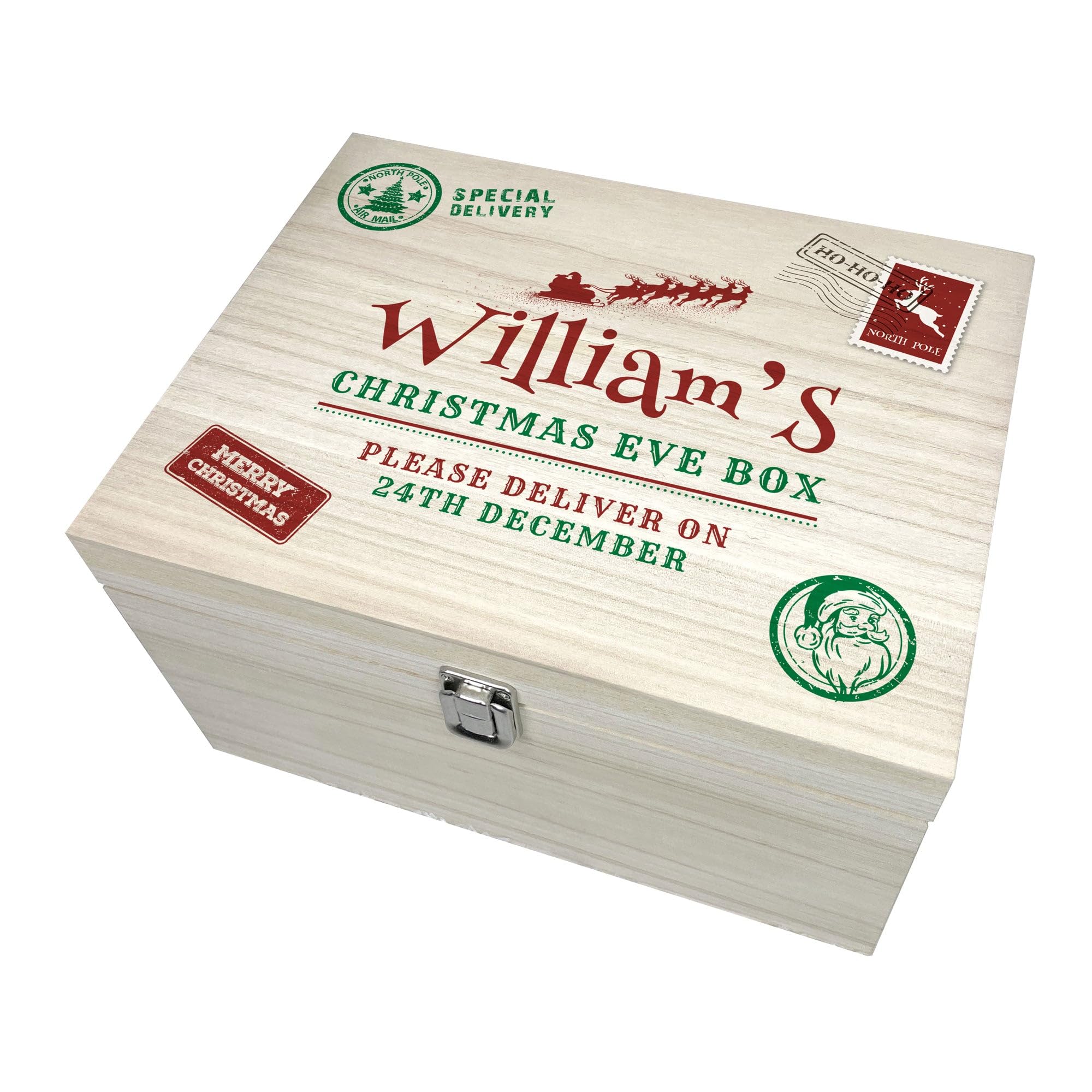 The Lovely Keepsake Company Personalised North Pole Postal Stamp Christmas Eve Box | Custom Name | Pine Wood Box with Metal Hinges & Clasp | Christmas Eve Gift | W36cm x D26.9cm x H20cm