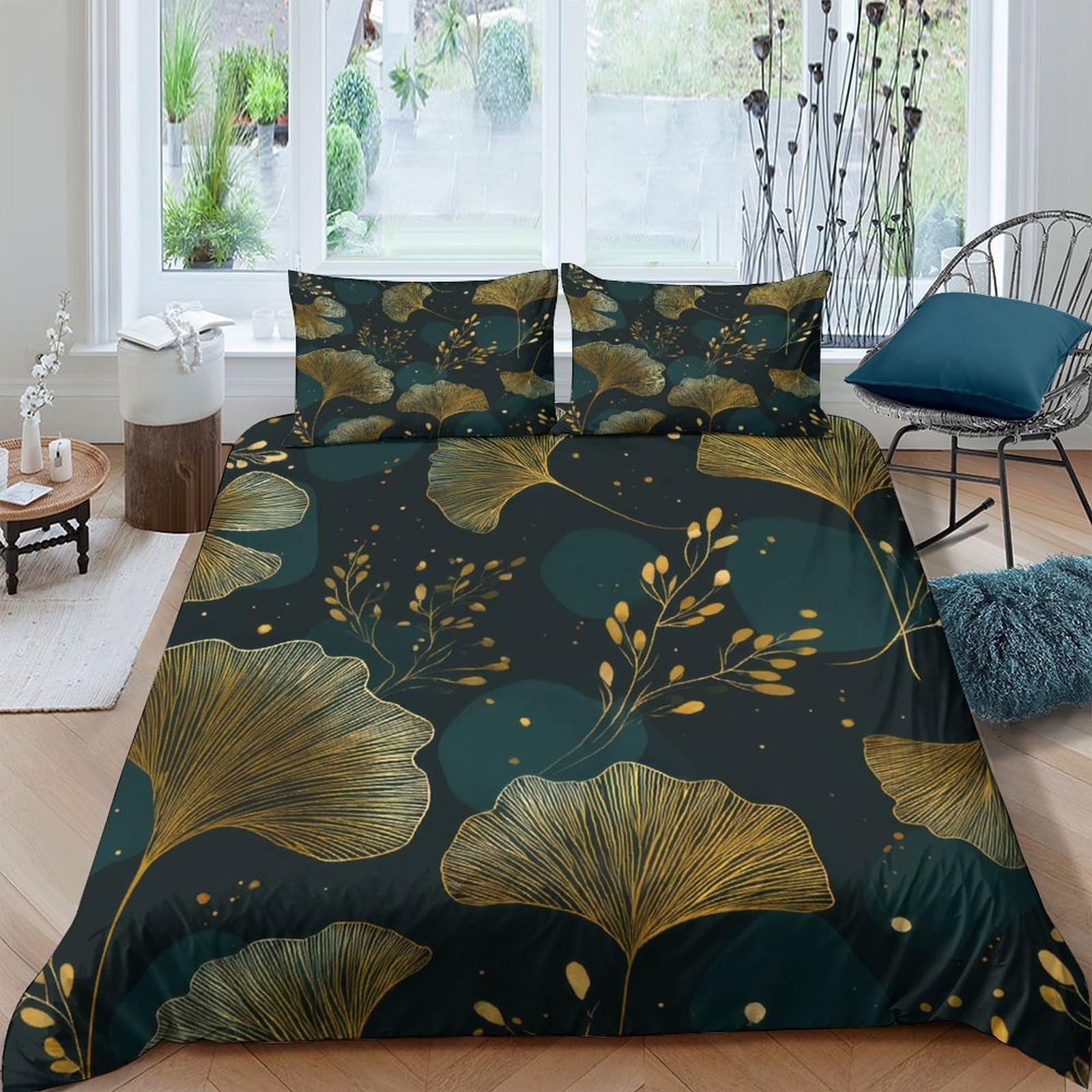 Ctjqhvkz Style-5 3D Printed Ginkgo Leaf Fitted Sheet Microfiber Soft Botanical Bed Cover Gold Green Bedroom Decor Mattress Protection Single（135X200cm）