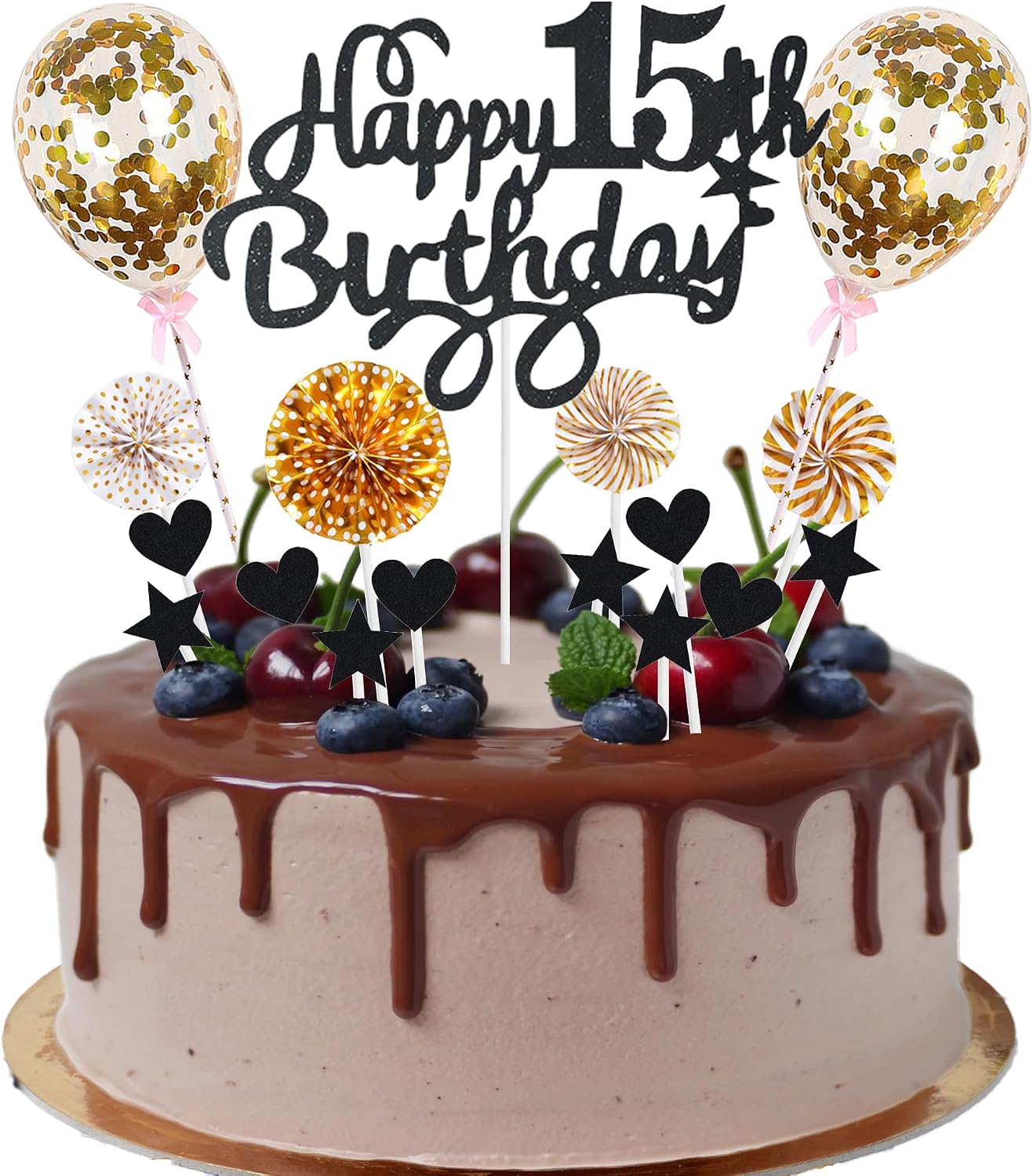 15th Birthday Happy 15th Birthday Cake Toppers Black Gold Heart Star Balloon Cake Toppers 21 Pack