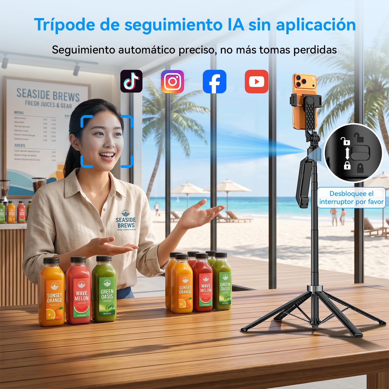 Trípode de Seguimiento Automático Facial para Smartphone 180 cm | Palo Selfie 360° sin App, trípode con control gestos y zoom, para iPhone, cámaras deportivas y vlogs