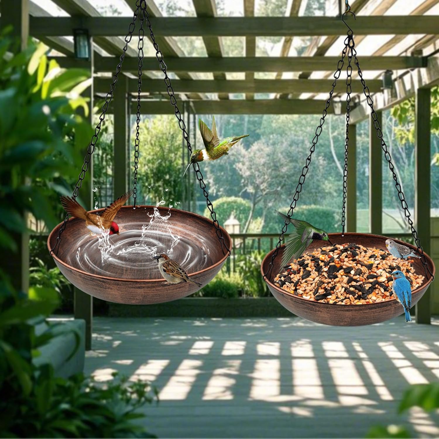 Deck Mounted Bird Bath+Hanging Bird Bath, Easy to Clean12 Detachable Bath Bowl, Metal Birdbath for Outside with Sturdy Adjustable Clamp for Railing Balcony Fence Outdoor Decor 0.7 Gallon