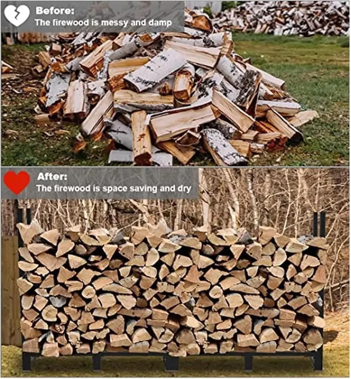 Firewood storage rack Outdoor Adjustable Heavy Duty 8ft Firewood Rack Holder Steel Stacker Log Storage Organizer Wood Stand 96"x12"x45.6" Black