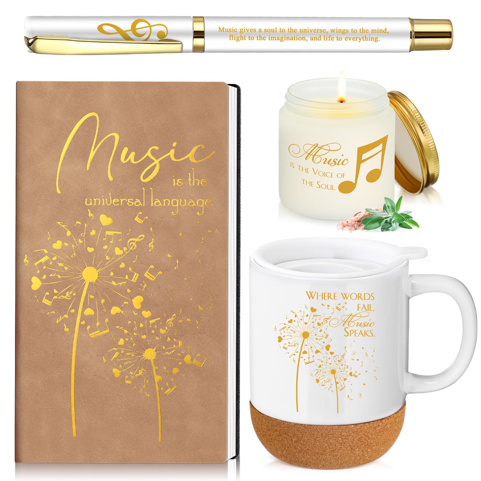 Cadeaux musicaux femme SiliFine avec tasse 445ml journal cuir et bougie