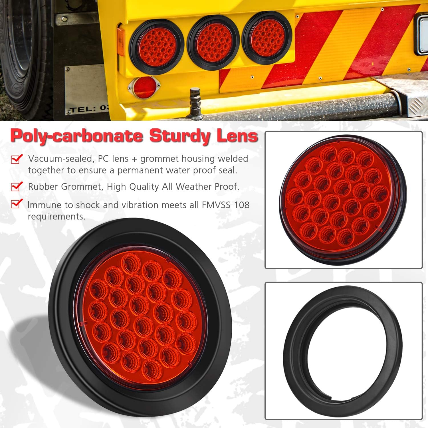LINKITOM 4-Inch Round Trailer Lights - 24-LED Super Bright Brake/Tail Lights, IP67 Waterproof, DOT Certified for Trailers, Trucks, RVs (2-Pack)