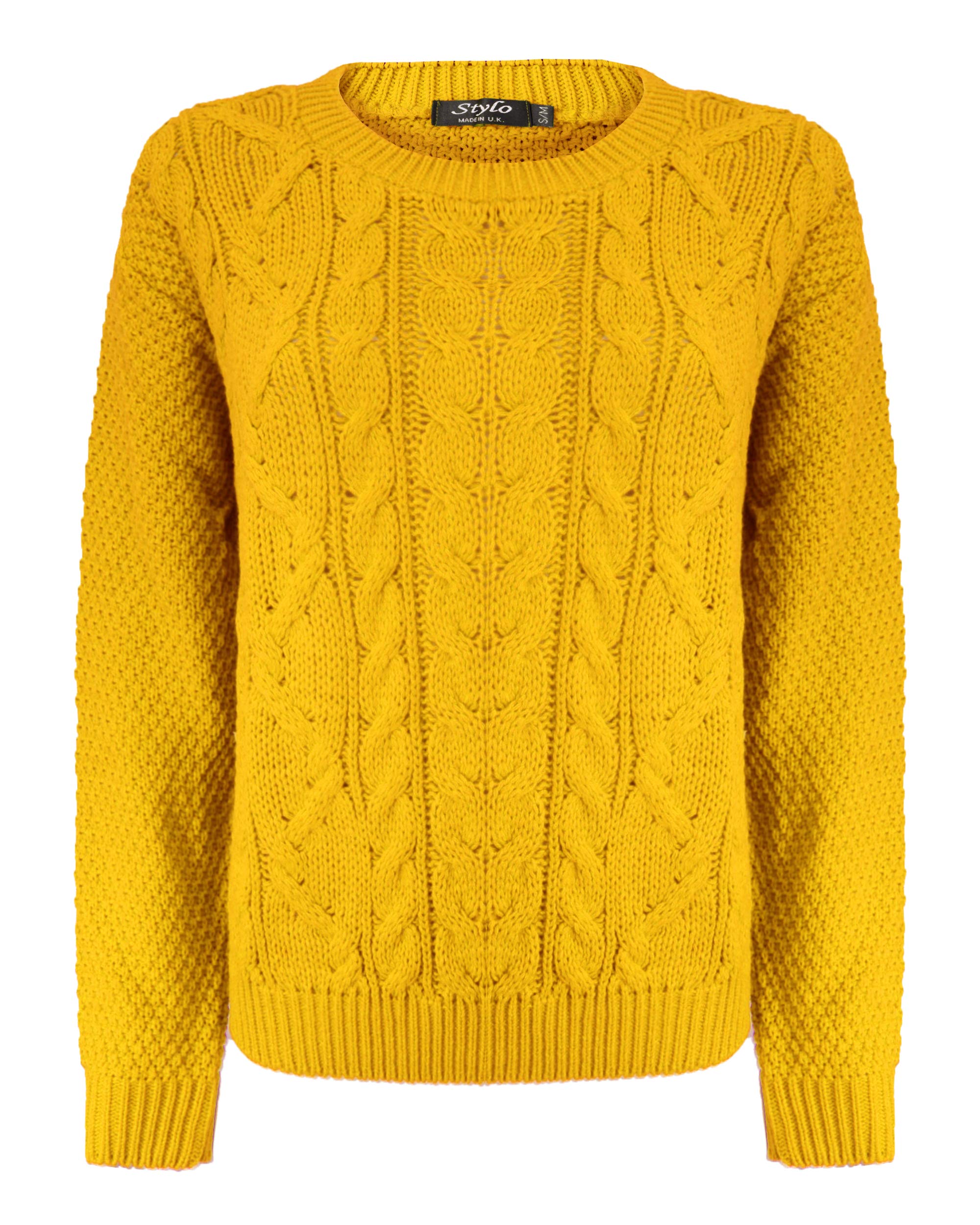 New Ladies Womens Cable Knit Long Sleeves Knitted Jumper Over Size Sweater Top 8-14[Mustard, LXL]