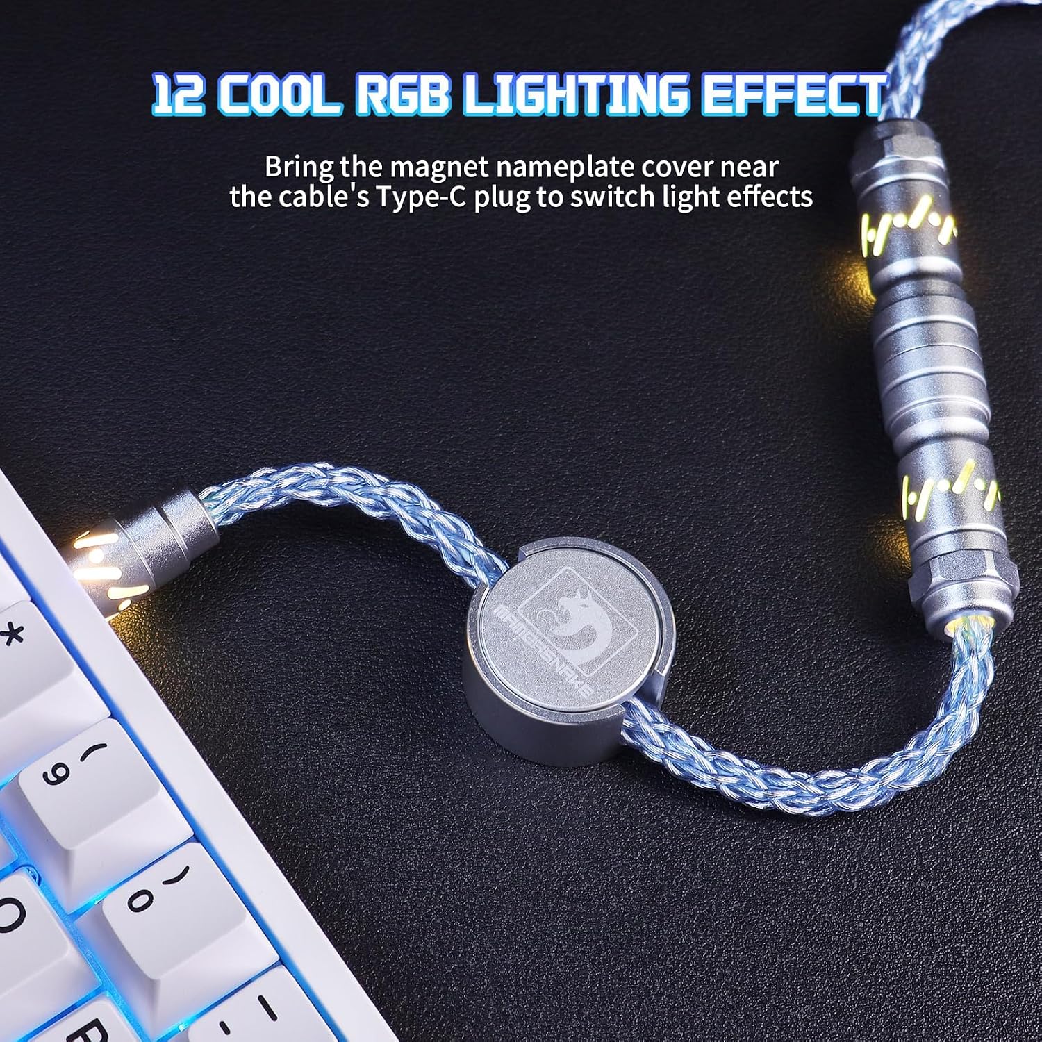MAMBASNAKE C07 Custom USB C Keyboard Cable with RGB Lighting for 8KHz Magnetic Keyboard, Single Crystal Copper Braided Charging Cable USB A to Type C, 5-Pin CNC Aviation Connector,Blue
