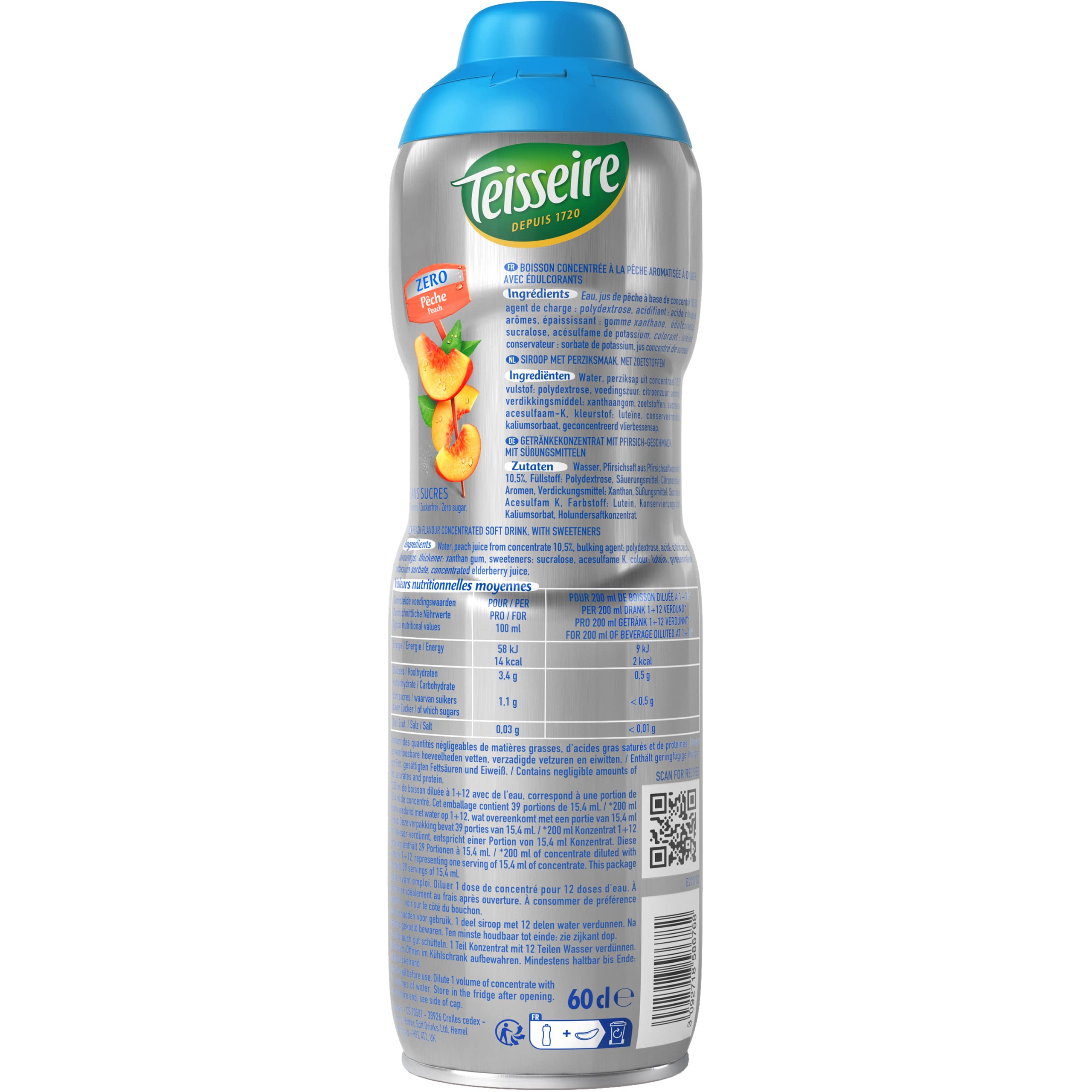 Teisseire Zéro Sucre, Sirop Pêche pour Boisson Rafraîchissante, Cocktails, Bidon (Pack de 6)