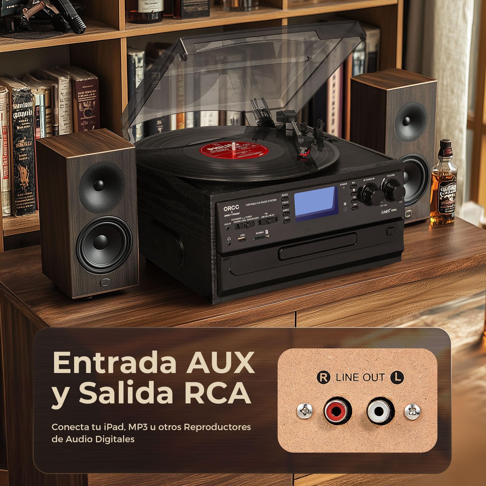 ORCC Tocadiscos Moden 10 en 1, con Tarjeta de Regalo, Tocadiscos de Vinilo para 33/45/78 RPM, reproducción y grabación de CD/USB/SD, Bluetooth y Control Remoto, Radio FM/Am para Amantes de la música