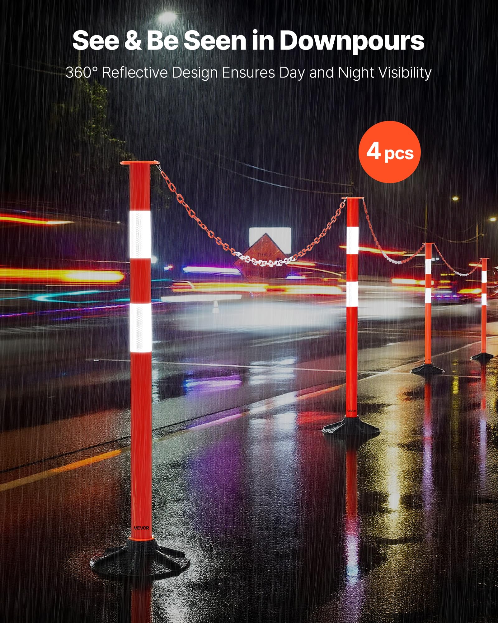 VEVOR Verkehrsleitpfosten Leitpfosten 4-tlg. (871 mm) mit beschwertem Sockel & Reflektorstreifen & Ketten, Warnpfosten für Baustellen, Parkplätze, Absperrpfosten zur Steuerung von Menschenmengen