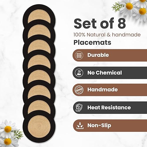 Miniatura 3 de Eco Crave Juego de 8 manteles individuales redondos de yute, tejido a mano de yute beige natural con borde negro, 13 pulgadas, rústico, con cordón,