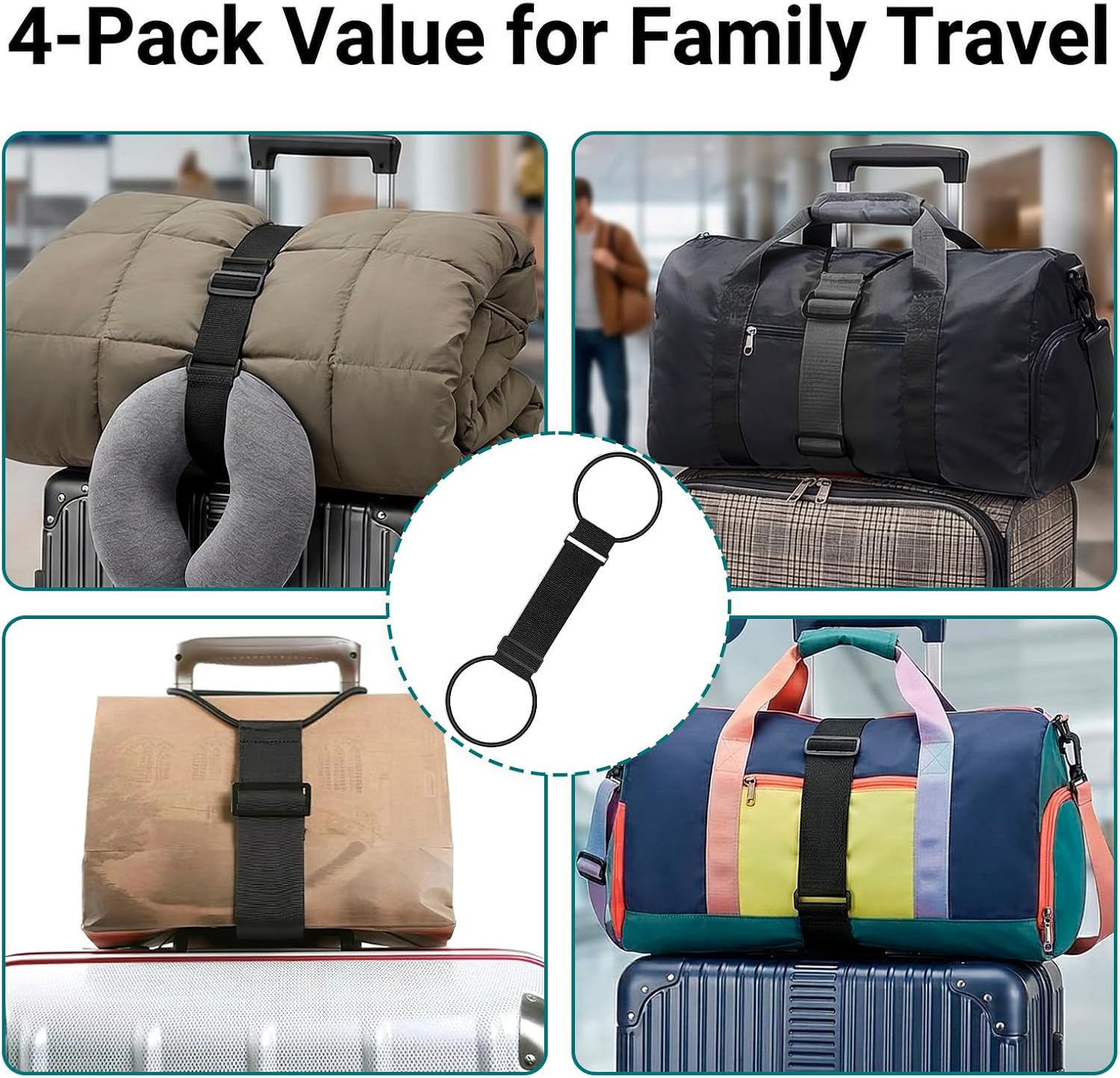 Luggage Straps for Suitcases 4-Pack Widened Luggage Connector Straps for Travel Essentials. Heavy Duty Add A Bag Strap Bungee Belts. Adjustable Elastic Secure Carry-On Backpack Accessory