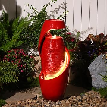 Sunlinua Vase Outdoor Water Fountain, Waterfall Fountain with Warm LED Lights&Durable Pump for Yard, Porches, Home Decor,Garden