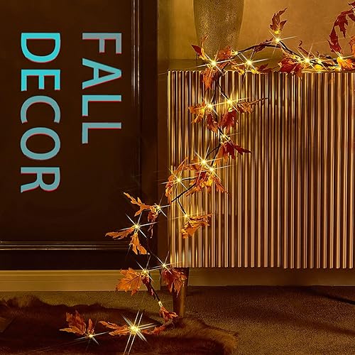 Miniatura 7 de Fudios - Guirnalda de arce luminosa de Acción de Gracias con hojas rojas y amarillas, 24 luces, funciona con pilas, 6 pies, hojas de arce