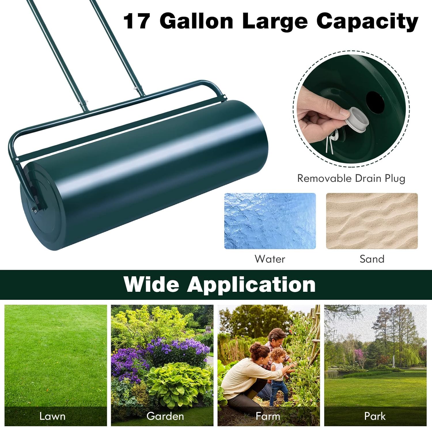 Goplus Lawn Roller, Push/Pull/Tow Behind Water/Sand Filled Steel Sod Drum Roller with U-Shaped Handle, Yard Roller for Garden Backyard Grass, 17 Gallon/63 L, 36"x12", Green