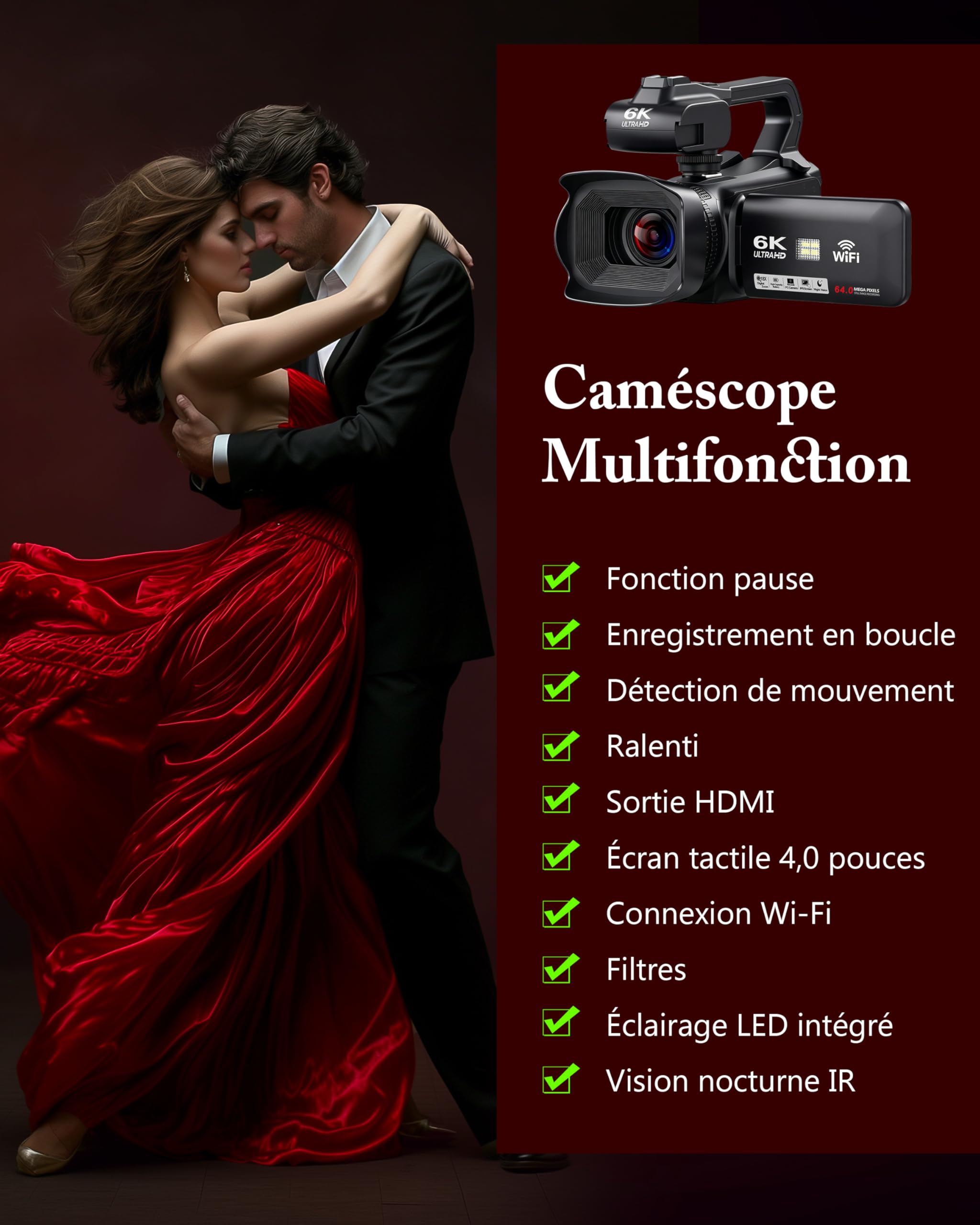 Caméscope 6K 64MP WiFi Vision Nocturne Infrarouge 18X Zoom Numérique avec Pile 4500mAh, Carte SD 64 Go