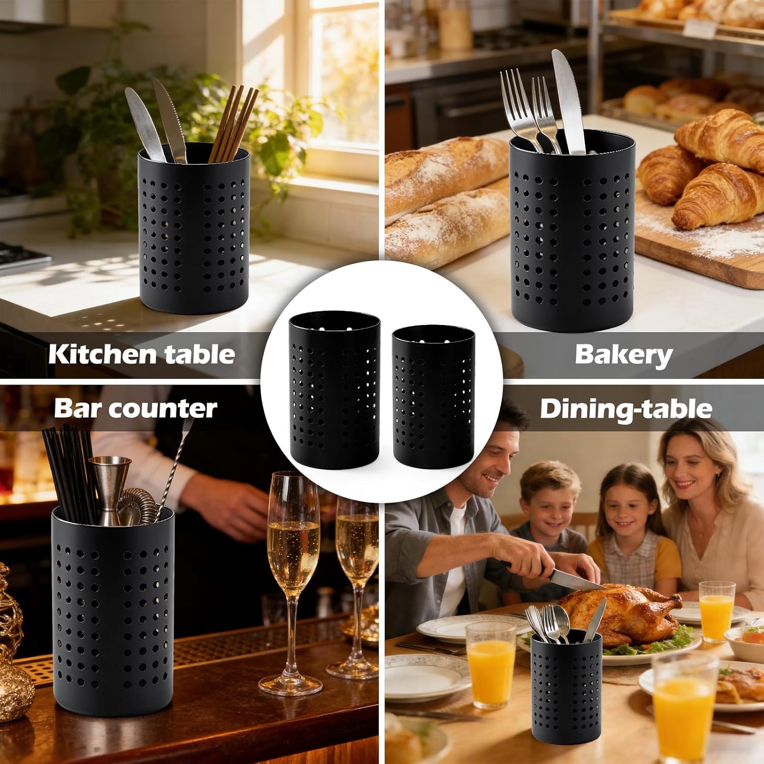 4PCS Black Stainless Steel Utensil Holder and Utensil Drying Holder, as a Kitchen Countertop Organizer and Silverware Drainer for Daily Home Use