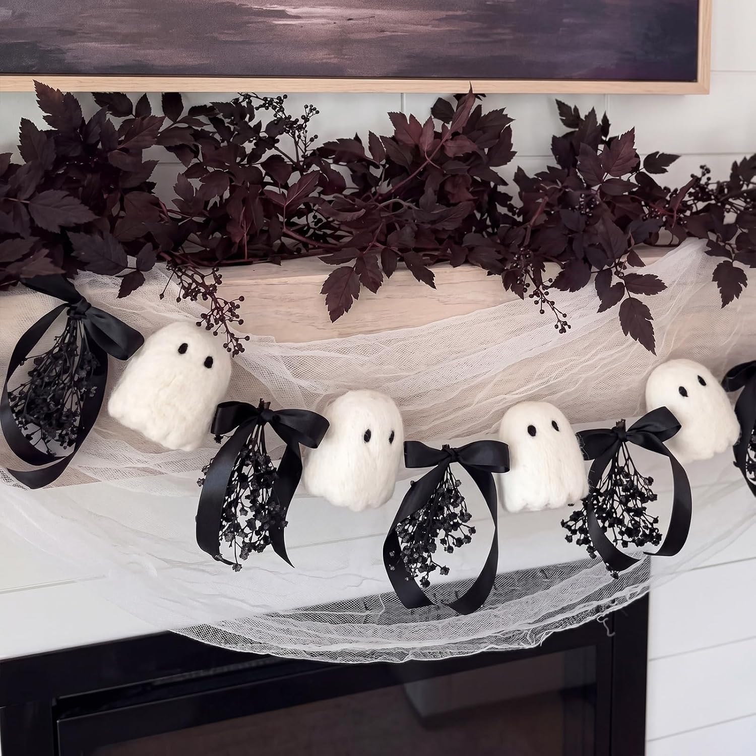 Kajaia 6.5 ft Halloween Cute Ghost Garland with Black Bows and Gypsophila