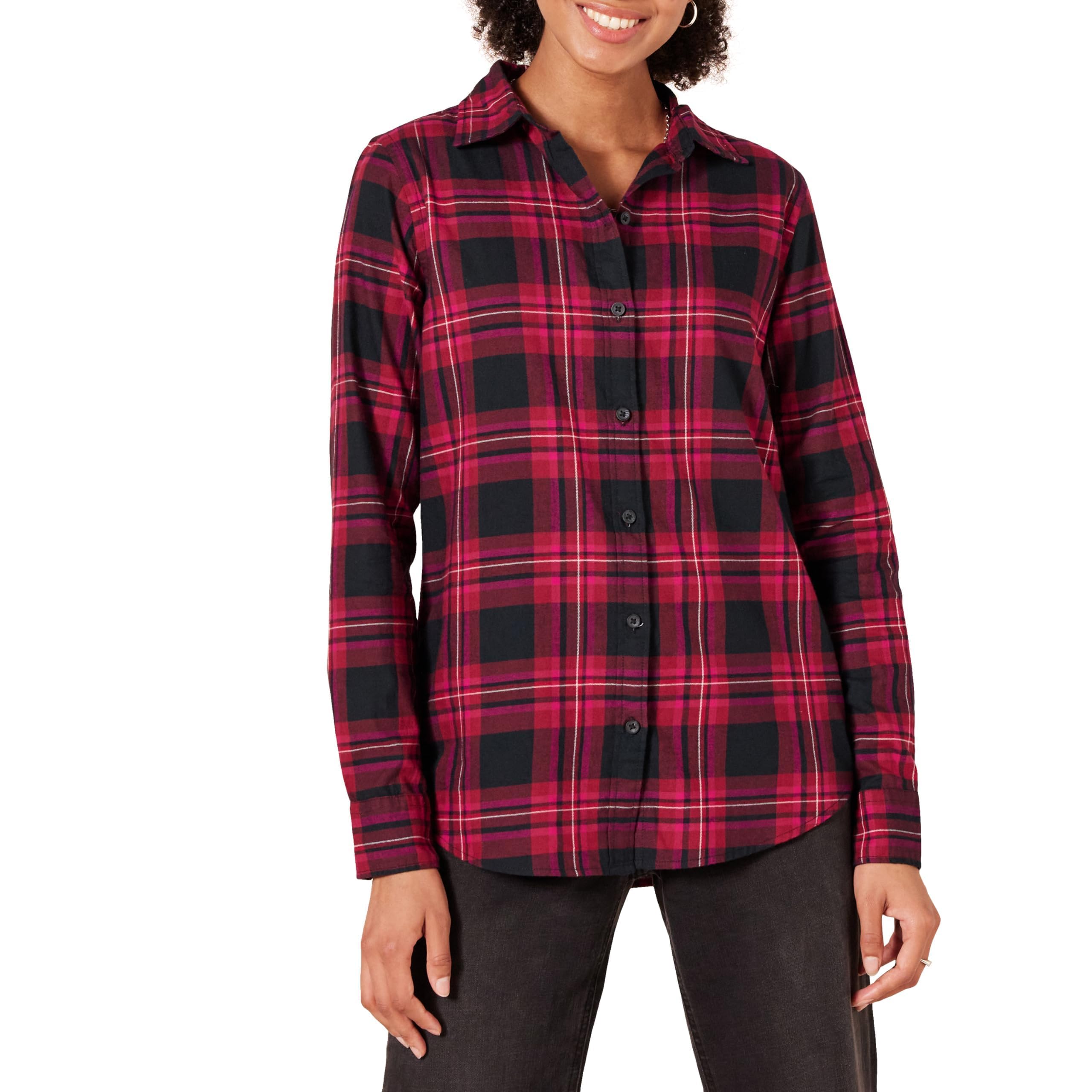 Womens Regular-Fit Long-Sleeve Lightweight Plaid Flannel Shirt