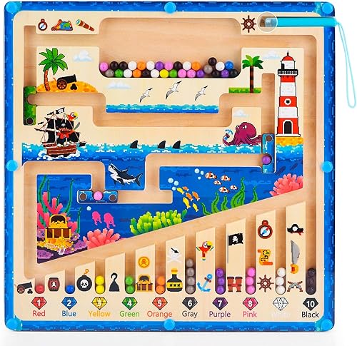 Laberinto magnético de color y números, 2 formas de juego, juguetes Montessori para niños de 3, 4 y 5 años, tablero de laberinto magnético de madera