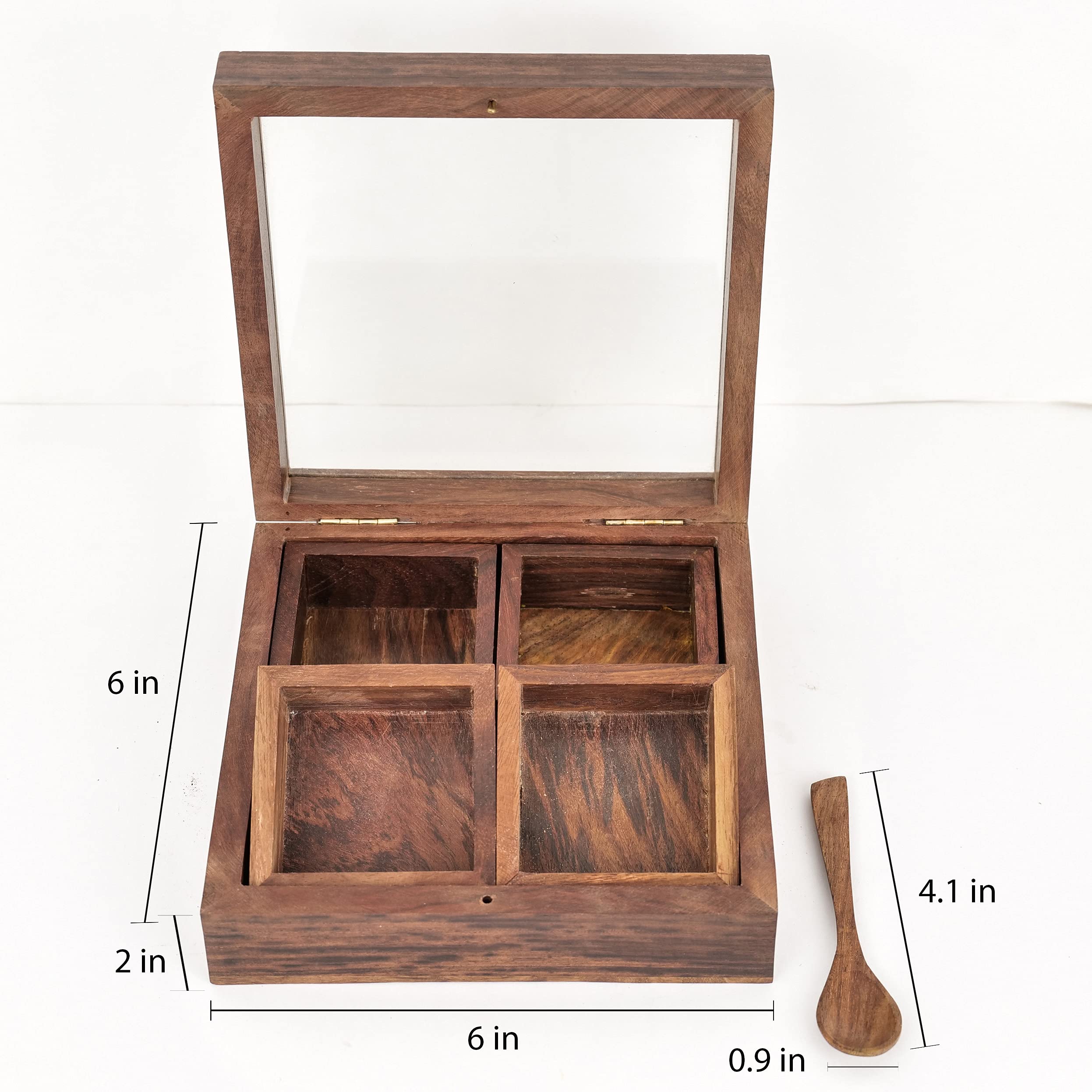 Artysta 'Squared Spices' Wooden Masala Box For Kitchen | Wooden Spice Box Square Spice Storage Container | 4 Spice Containers & Spoon - Image 5 thumbnail