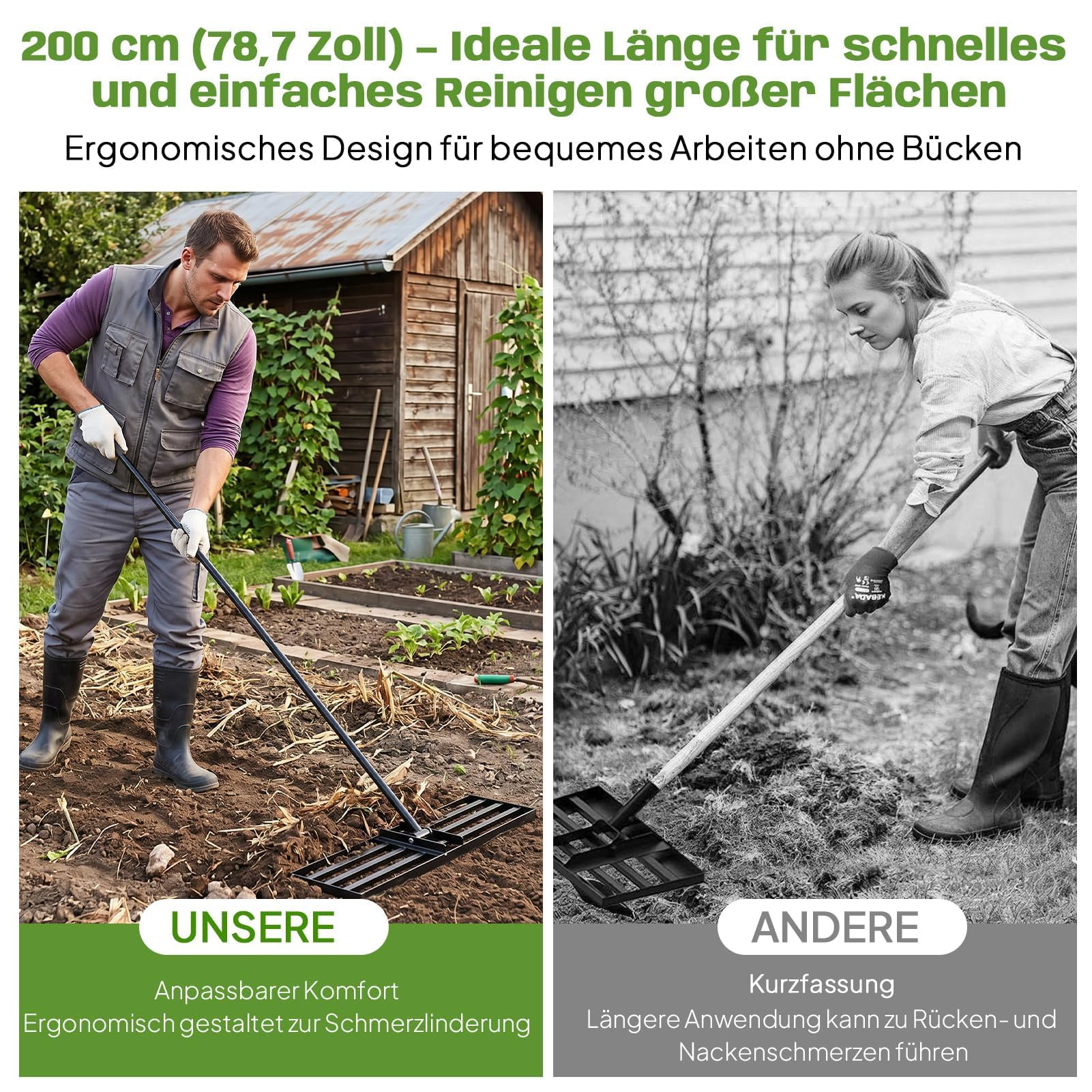 Nivelador de césped con mango regulable de 200 cm, rastrillo de nivelación de césped de 76 x 25 cm, de acero al carbono, rastrillo de césped para nivelar para jardín, patio y cuidado del césped