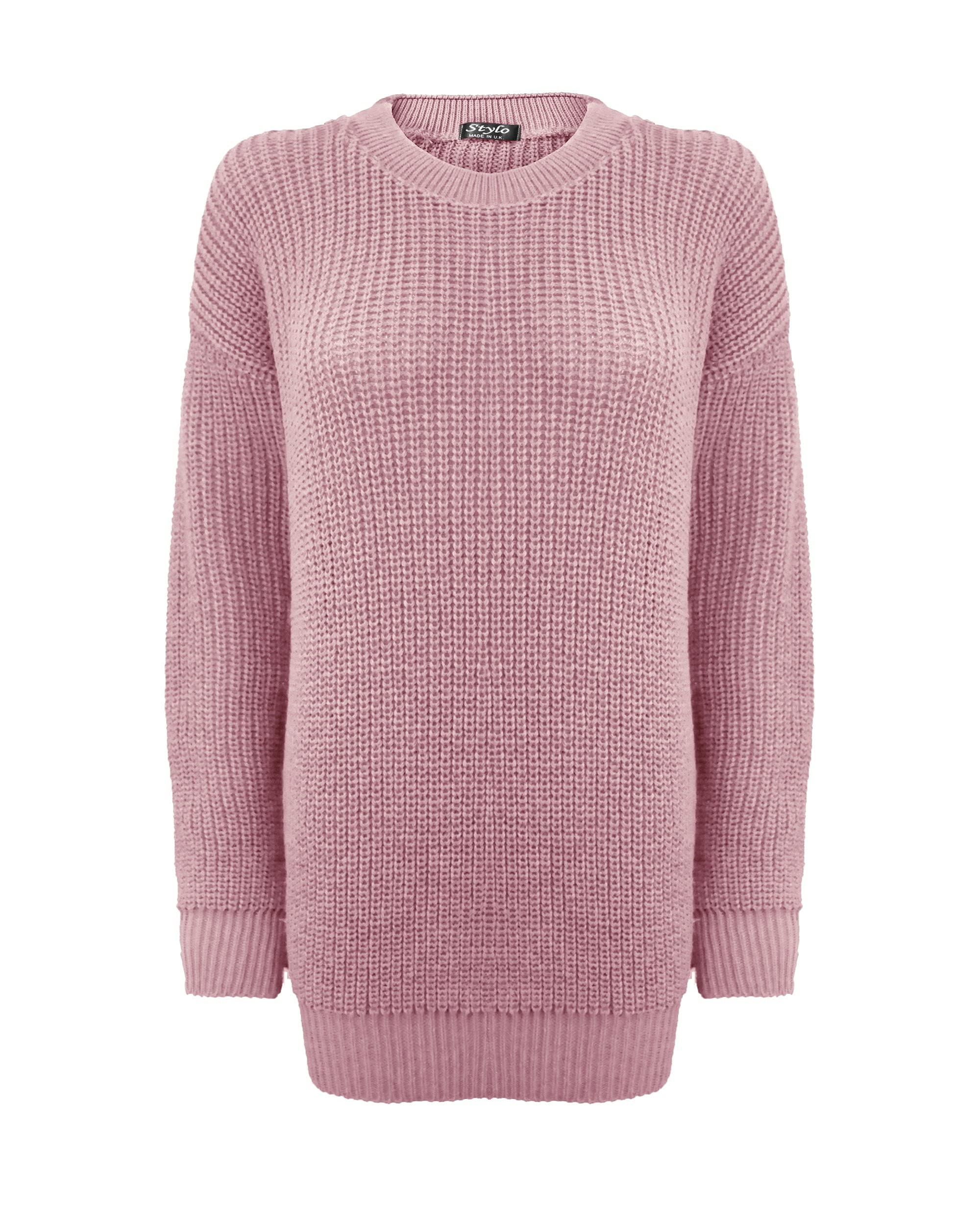 Ladies Women Knitted Long Sleeves Crew Neck Over Sized Baggy Jumper Chunky Knit Sweater Top Long Sleeves[Dusty Pink,LXL]