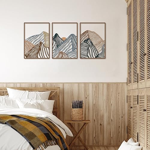 Vista 5 de Peryiter 3 Pcs Metal Wall Art Decor Landscape Mountain Wall Hanging Decor for Living Room Abstract Minimalist Modern Mountain Line Pictures Bathroom