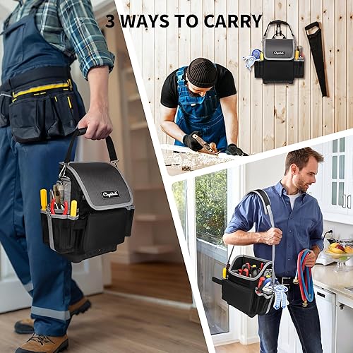 Miniatura 6 de Bolsa de herramientas profesional para electricista, 30 bolsillos, bolsa de herramientas resistente con parte inferior dura y correa para el hombro,