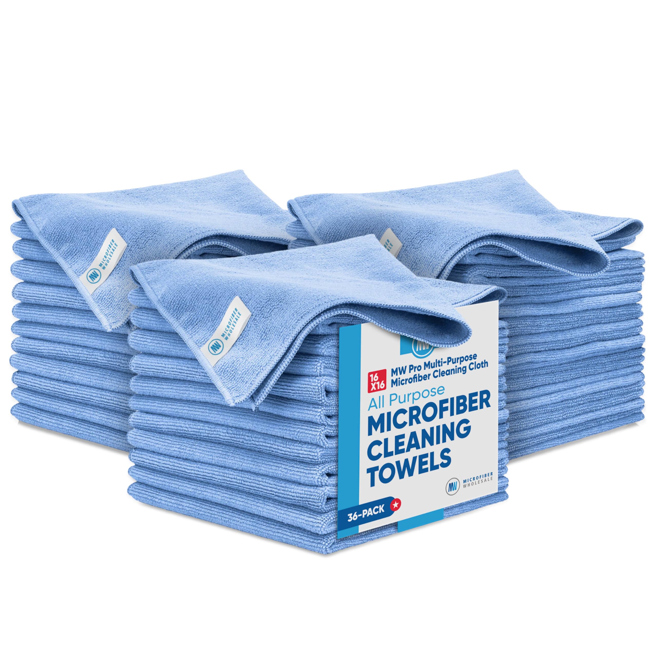 Microfiber Wholesale Cleaning Cloths (36 Pack) | Size 16" x 16"| All Purpose Towels - Clean, Dust, Polish, Scrub, Absorbent (Blue)