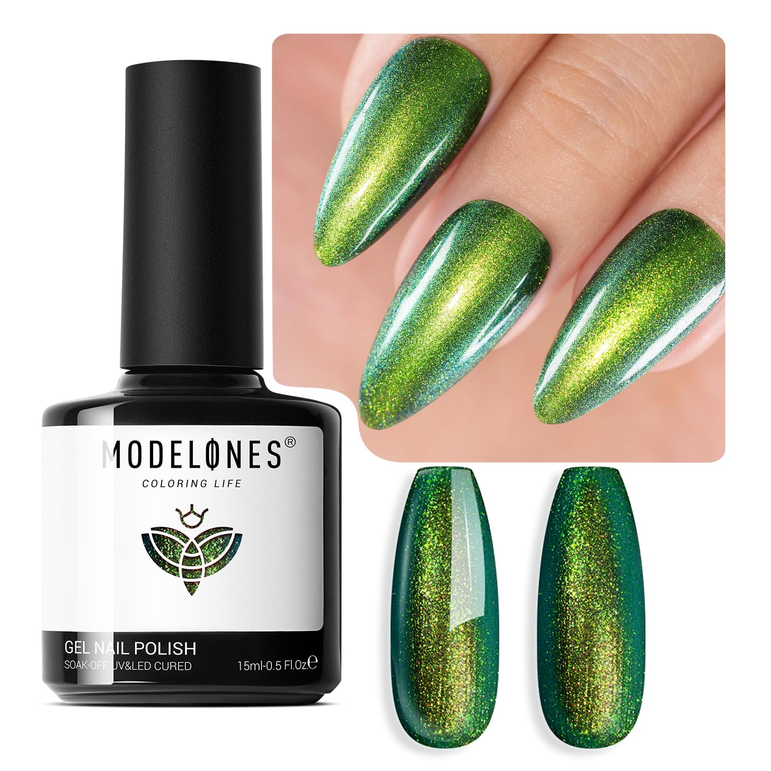 modelones Green Gel Nail Polish, 15ML Sparkle Green Chameleon Glitter Holographic Spring Gel Polish Soak Off Nail Art Manicure Home Gift for Women