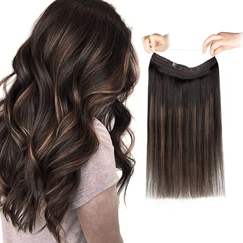 Sassina Fishing Wire Hair Extensions Real Human Hair 16 Inch 100 Gram Darkest Brown Balayage Medium Brown Invisiable Transparent Wire Extensions Hairpieces for Women, RP2-2/6