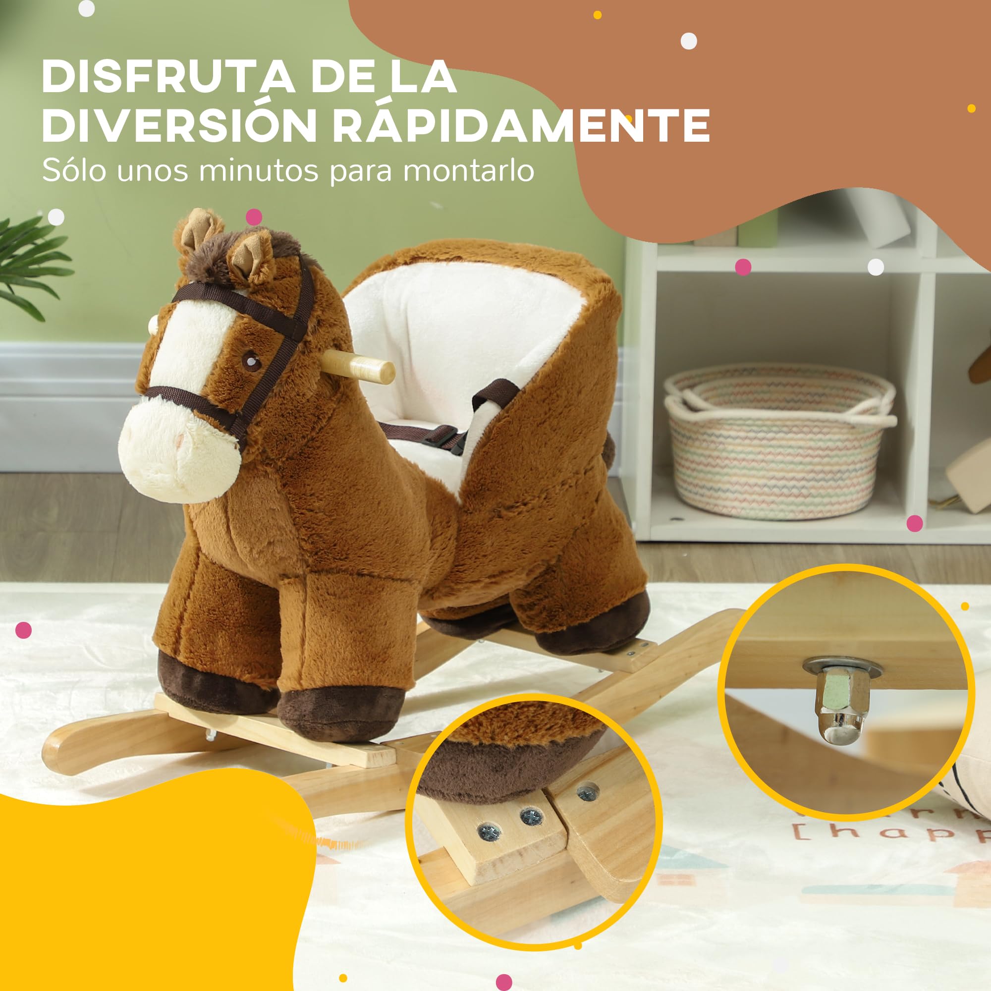 AIYAPLAY Caballo Balancín para Niños de 18-36 Meses Caballo de Juguete con Mangos Sonido Cinturón de Seguridad y Base de Madera de Álamo Carga 25 kg 68x33x45 cm Marrón