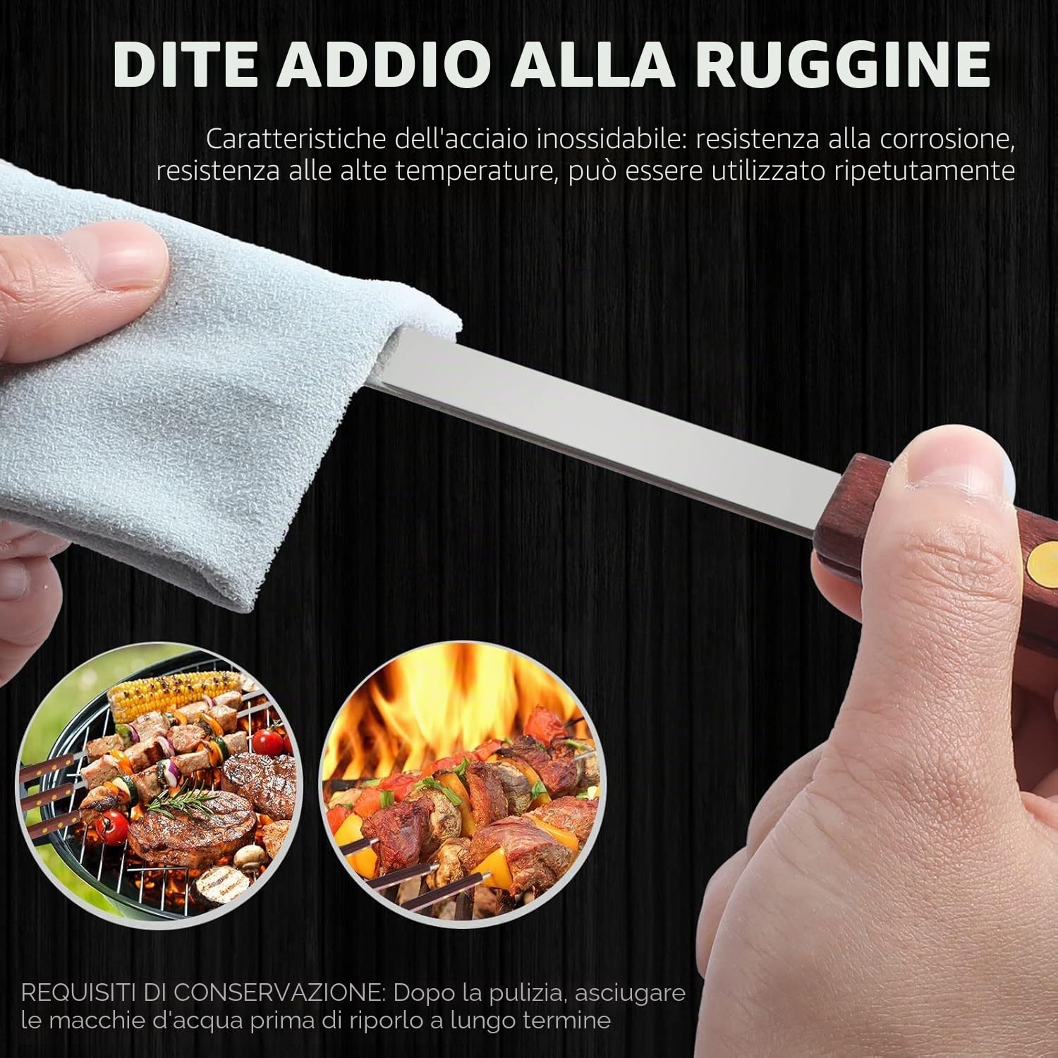 8 Pezzi Spiedini Piatti in Acciaio Inox, Spiedini Riutilizzabili da 60 cm, Spiedini Extra-lunghi con Manici in Legno, Posate per Barbecue, Spiedini per Verdure Accessori per Barbecue
