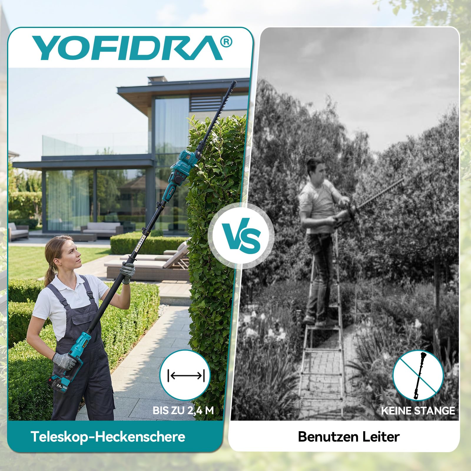Yofidra Akku Teleskop Heckenschere, 40cm Stahlmesser, 2,4 m Teleskopstange | Elektrische Heckenschere mit 2×3.0Ah Akku, 180°drehbarem Schneidkopf, kabellose Strauchschere für Heckenpflege