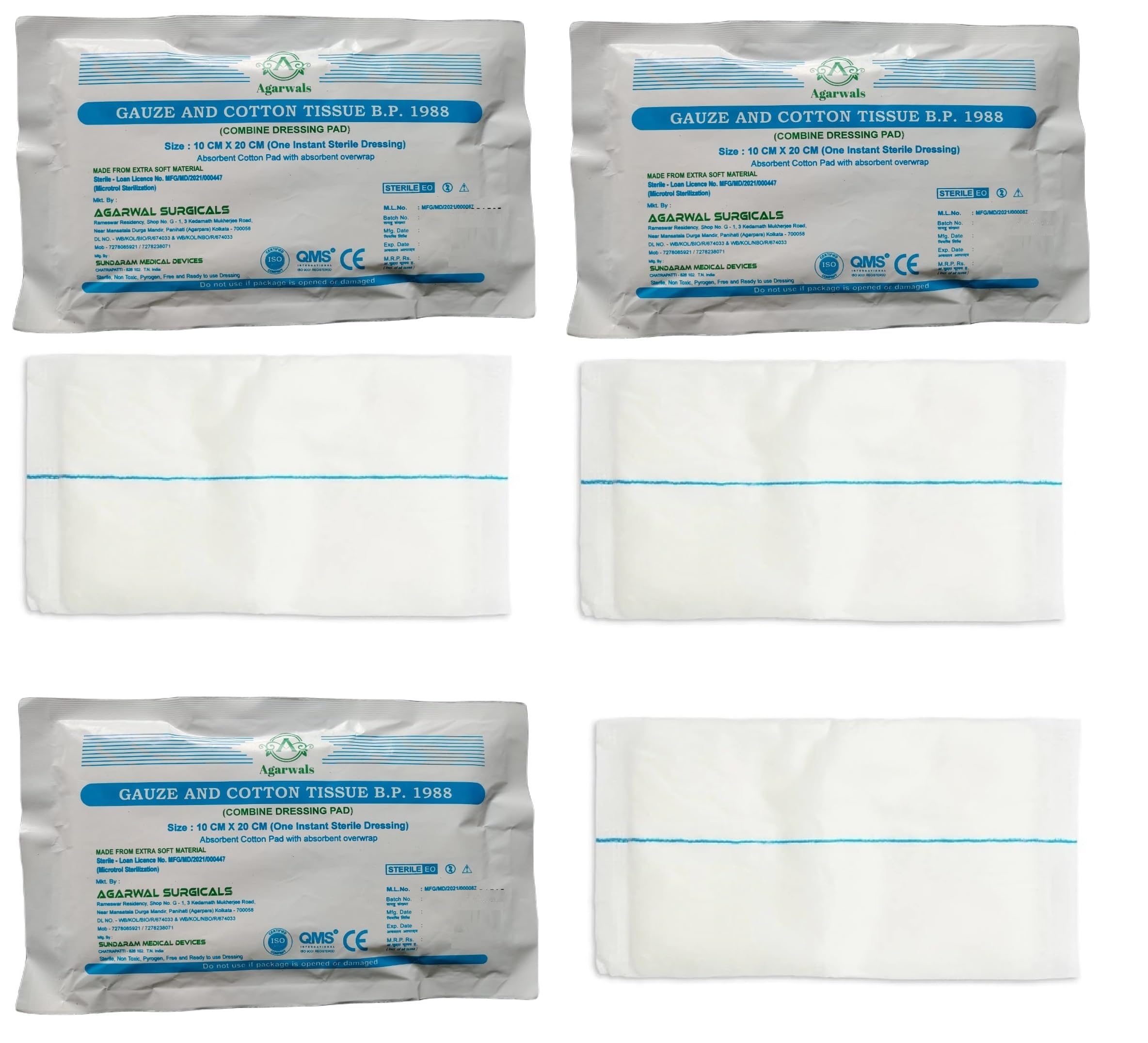 Agarwals Premium Sterile Combine Dressing Surgical Pad 10CM x 20CM (Pack of 3)