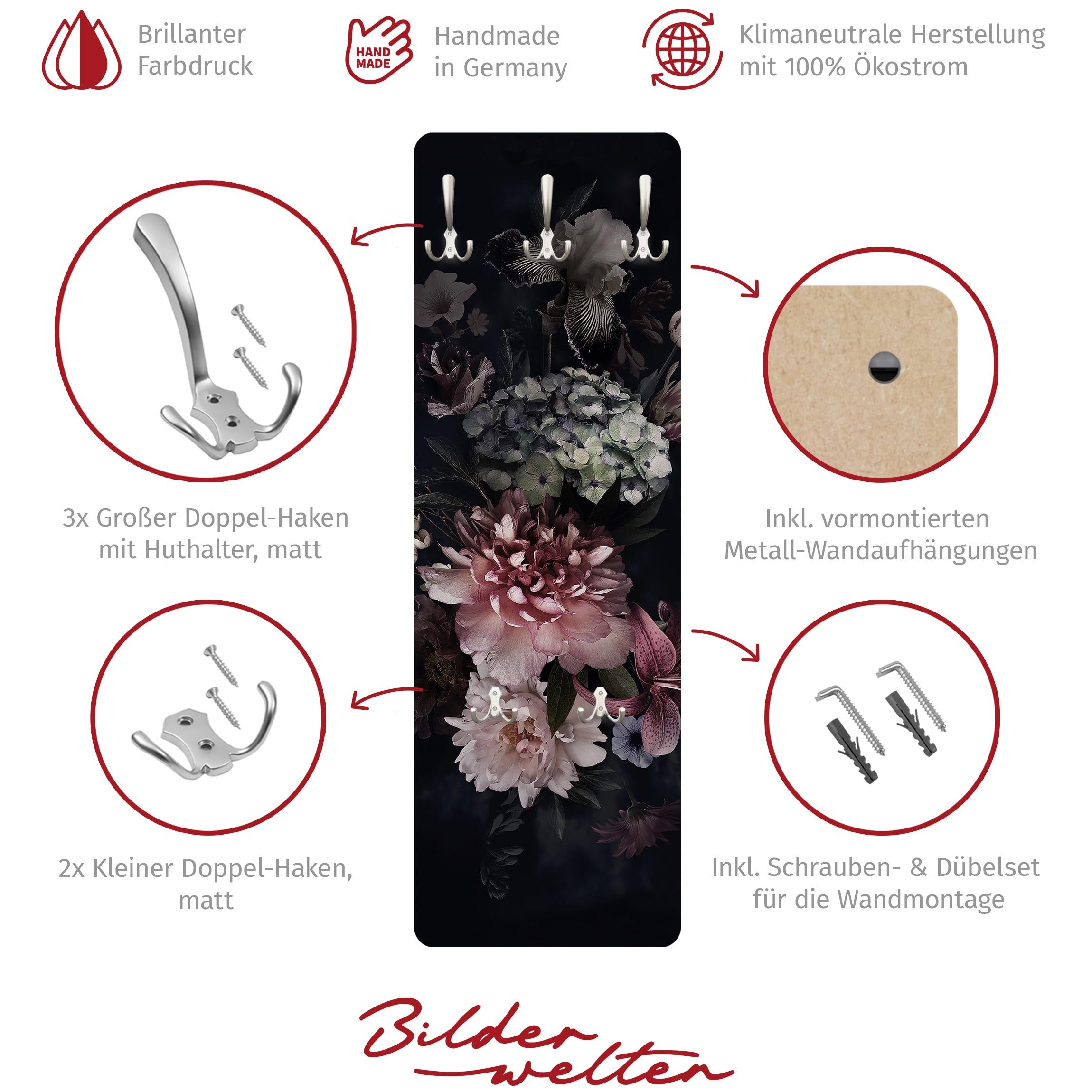 Bilderwelten Garderobe Blumen 105cm x 34cm 3D-Optik Modern Natur Garderobenhaken Garderobenpaneel Flurgarderobe Flur-Möbel Wandgarderobe Holz Küche