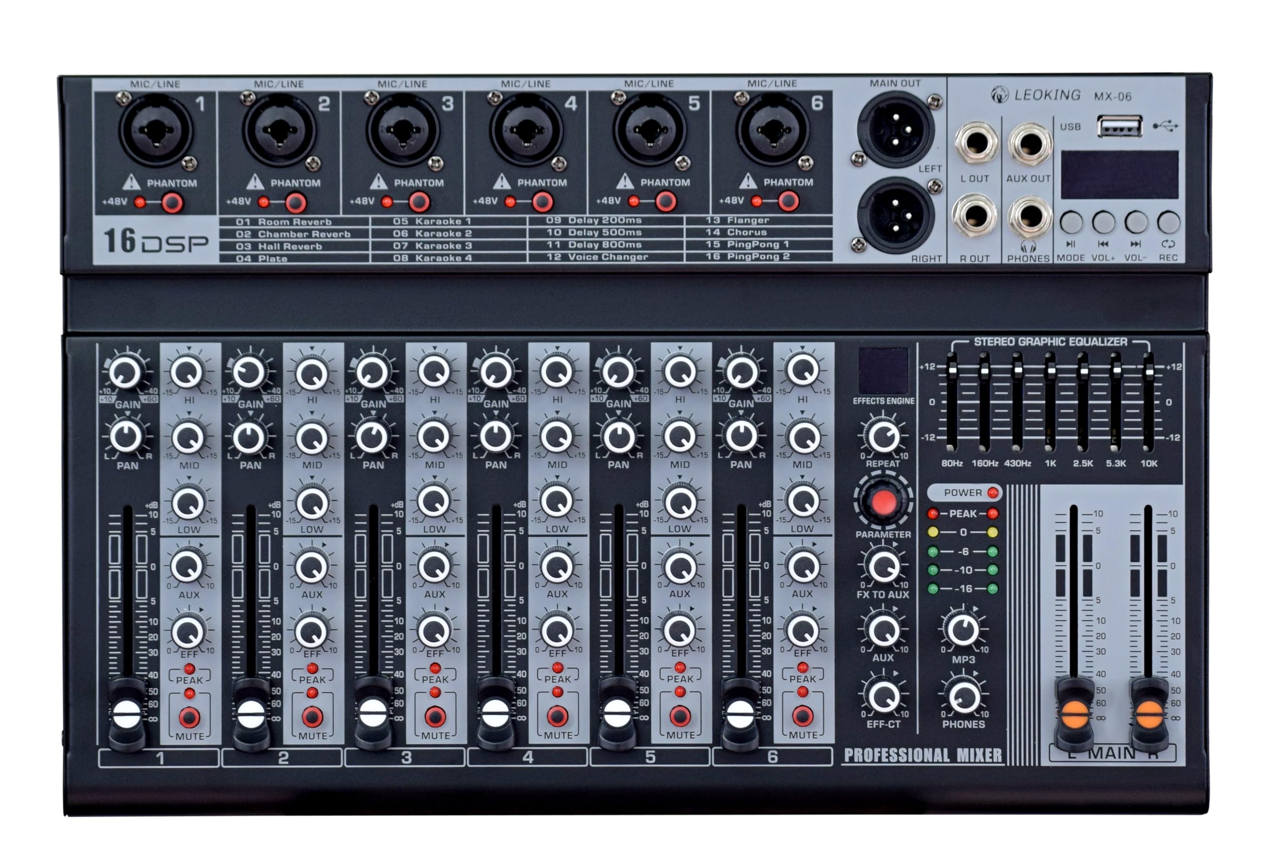 kh 6 Channel Professional Audio DJ Mixer Built-In EQ/ 99-DSP/Recording Mode Reverb Bluetooth/PC/USB/MP3 Playback Concert Karaoke Home Singing Live Audio Equipment 48V Phantom Power For Each,Black