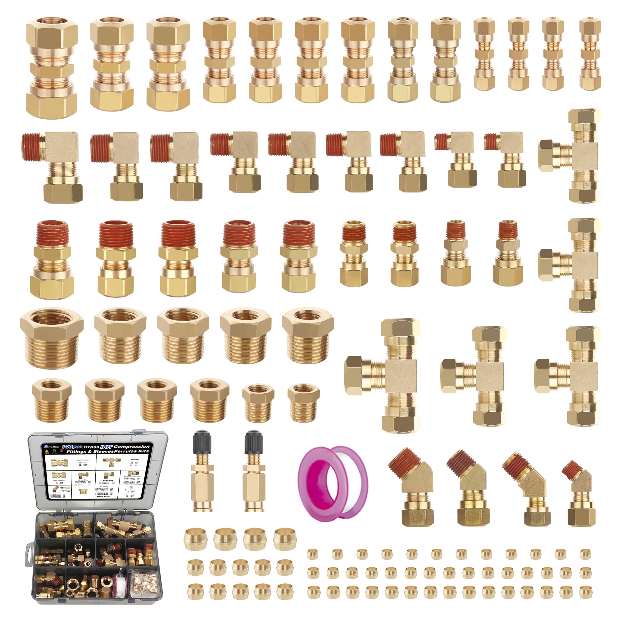 109Pcs Brass DOT Air Brake Line Fittings, 1/4" 1/8" 3/8" 1/2" 5/8" Compression Air Nylon Tubing Fitting Assortment Repair Kits for Truck or Industrial System