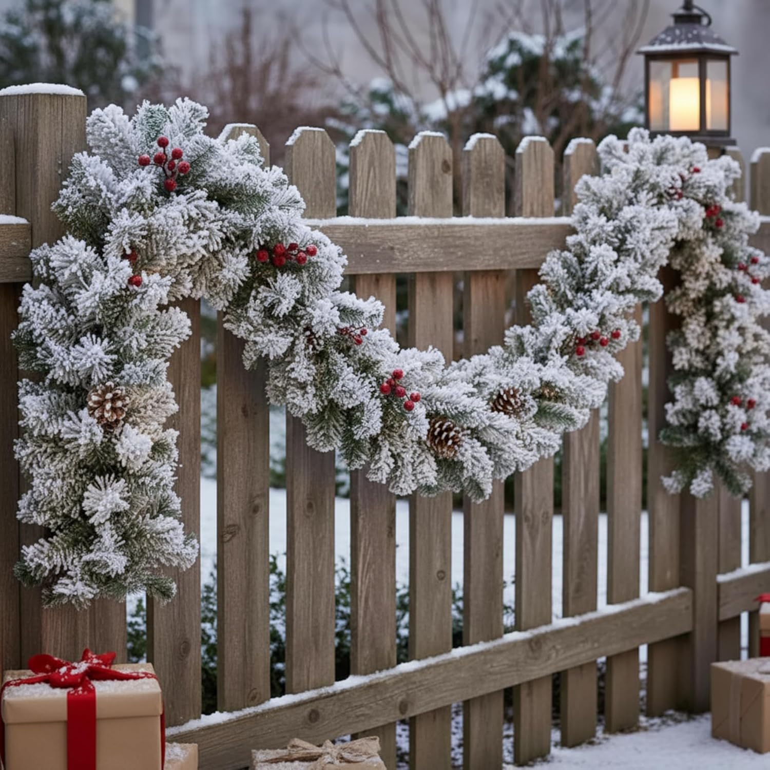 Suncalla 2 Pcs Snow Flocked Alaskan Pine Artificial Christmas Garland Thick White Winter Snowy Pine Garland Deluxe Faux Holiday Season Outdoor Wreath for Christmas Home Decorations (6 ft)