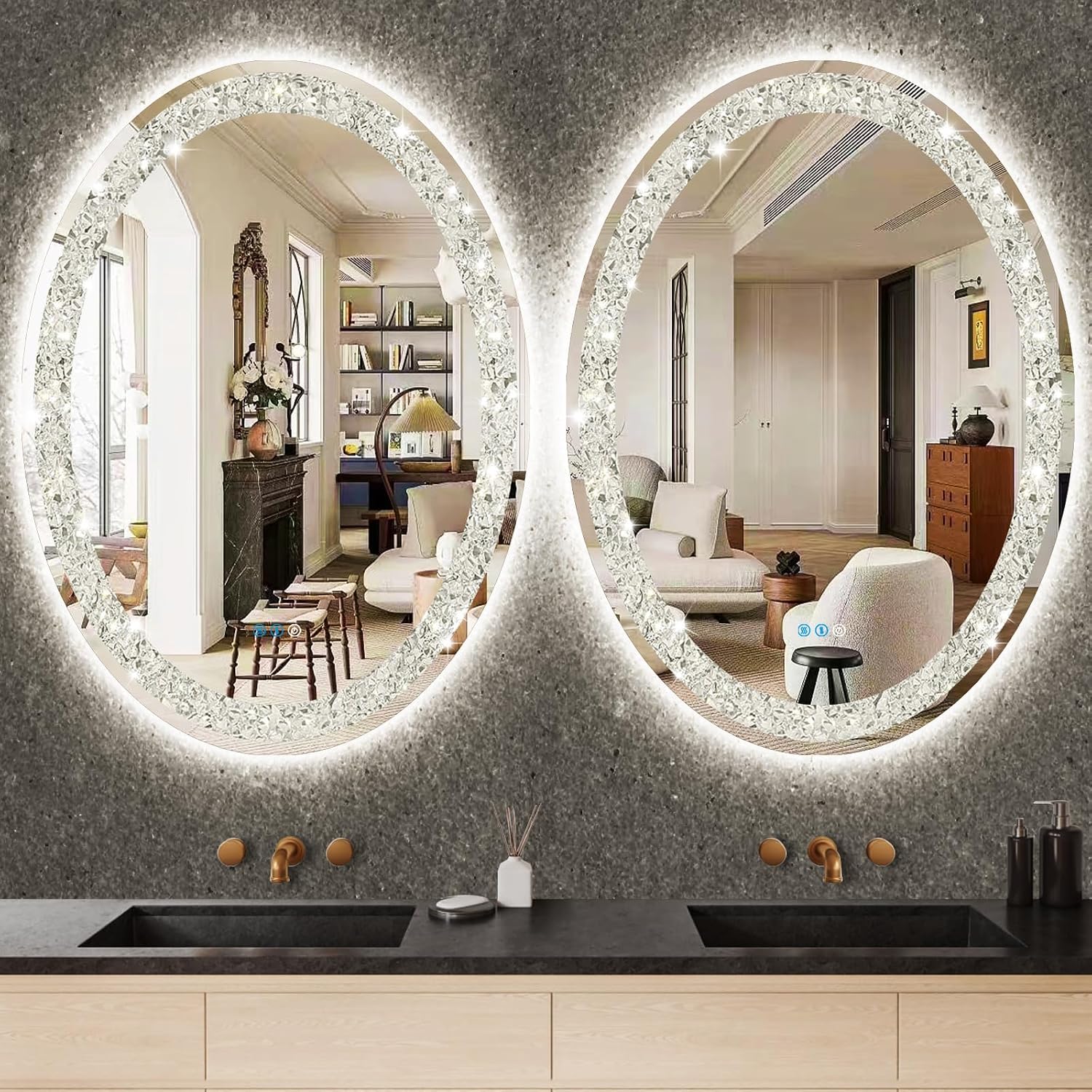 THEKLA 24 x 36 inch Crystal Oval Lighted Vanity Mirror with Lights 3 Color Adjustable Brightness Anti-Fog Diamond Crystal Oval LED Mirror for Bathroom Wall 36" Crystals Ovals Smart Light up Mirrors